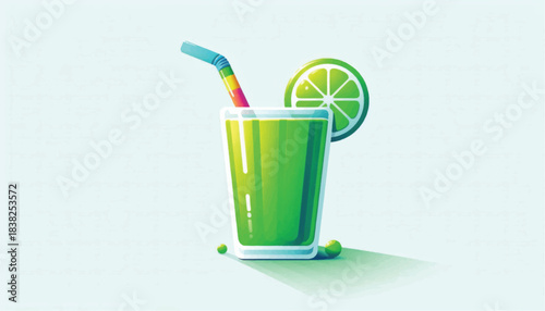 Refreshing Green Smoothie with Lime Slice and Colorful Straw.