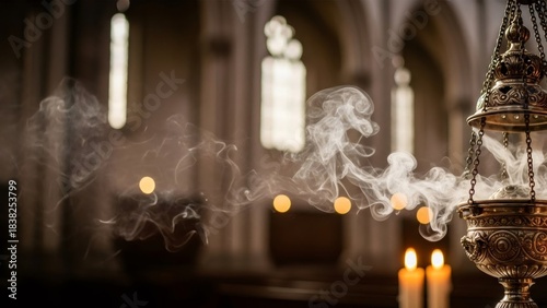 Incense burner releasing smoke in a church. Religious ceremony concept, creating a spiritual and evocative atmosphere for sacred rites and Epiphany.