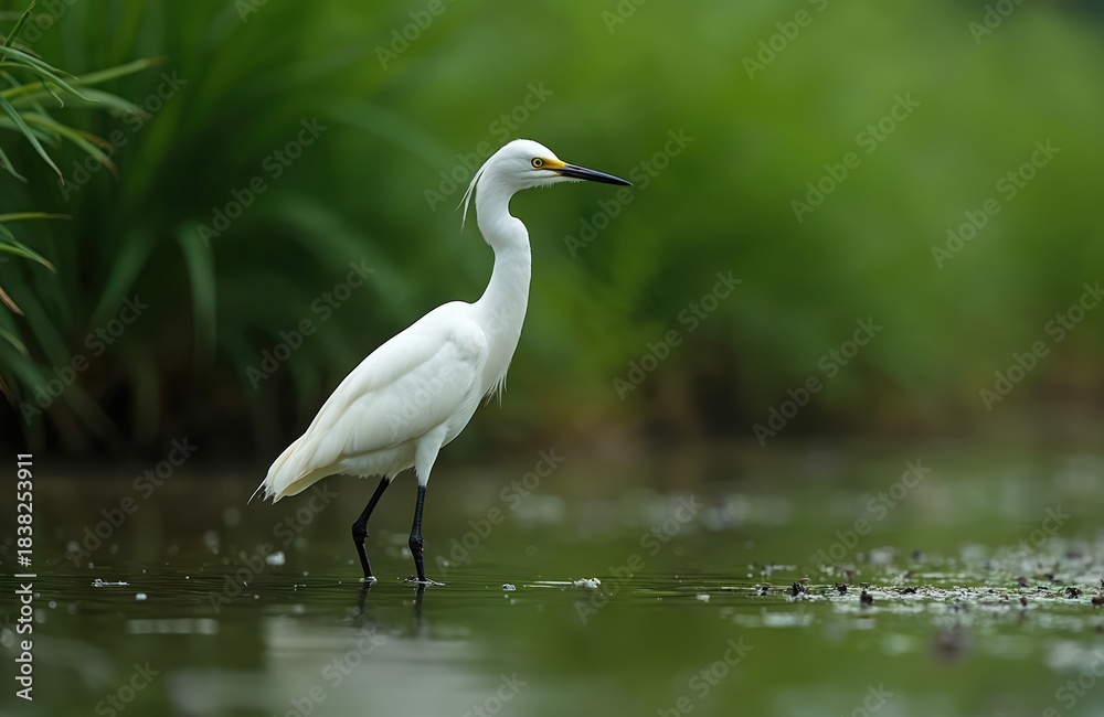 Fototapeta premium Small white egret stands in shallow water. Bird with yellow eyes and black legs hunts for food. Green plants form background. Nature wildlife scene.