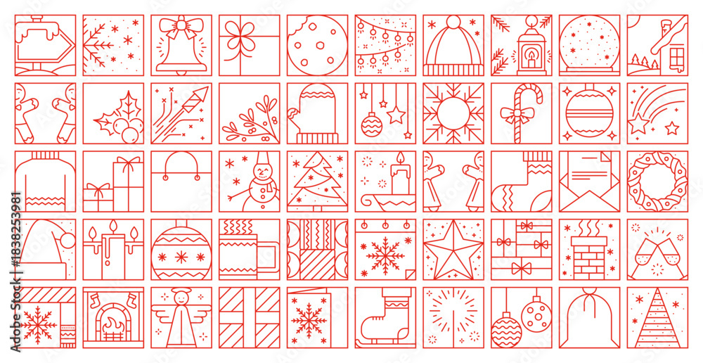 Naklejka premium Christmas holiday line decoration isolated elements of winter Xmas, vector icons. Christmas thin line art bauble with wreath and Santa gifts with snowman, snowflake and fireplace with socks in outline