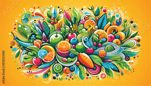 Vibrant and detailed illustration of a diverse collection of fruits and vegetables.
