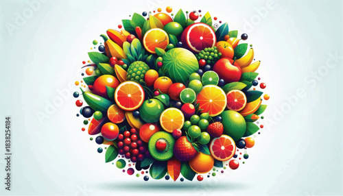 Vibrant and diverse assortment of fresh fruits and vegetables arranged in a circular shape.