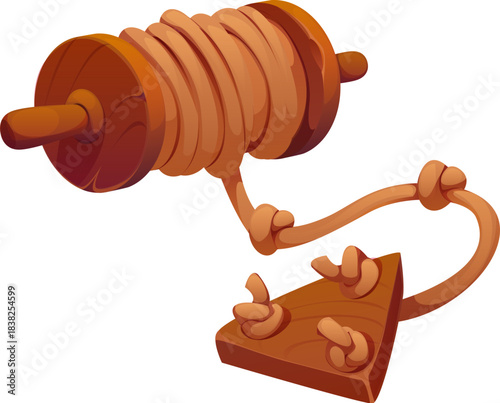 Corsair pirate ship rope wooden coil game icon. Medieval naval sailing accessory game item, pirate ship rope coil videogame vector icon. Corsair caravel nautical tool isolated arcade gaming icon