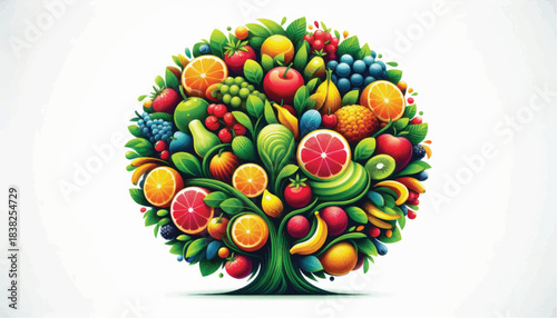 Vibrant Fruit Tree Illustration Bursting with Colorful and Diverse Produce.