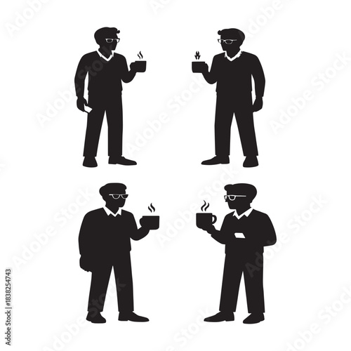 Glasses-wearing figures enjoying warm beverages in minimalist black silhouettes