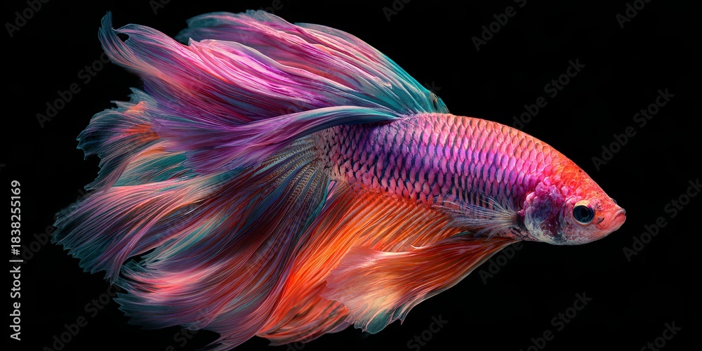Fototapeta premium Vibrant Betta Fish with Flowing Fins and Colorful Patterns Swimming Gracefully Against a Black Background