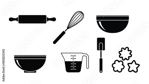 Black icons of baking and cooking utensils kitchenware
