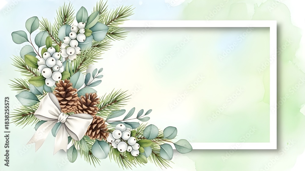 Fototapeta premium Winter floral frame with pine cones and greenery on soft background