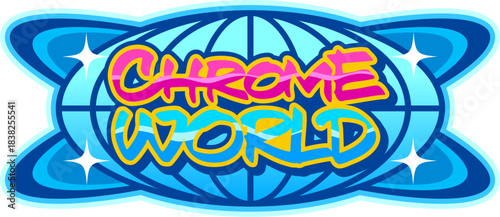 Chrome world globe Y2K retro icon or emblem. Earth sphere mesh Y2K vector emblem, international travel and technology globus symbol. Geography planet Earth sign with graffiti handwritten typography