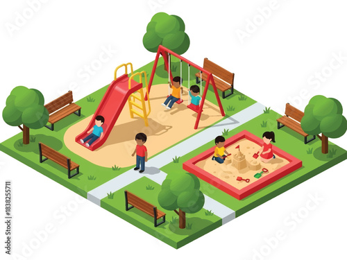 Squared 3D Isometric View Vector of children playing at a playground with slide, swing, sandbox, and trees under sunny sky. Ideal for kids activity content, education, and playful illustration