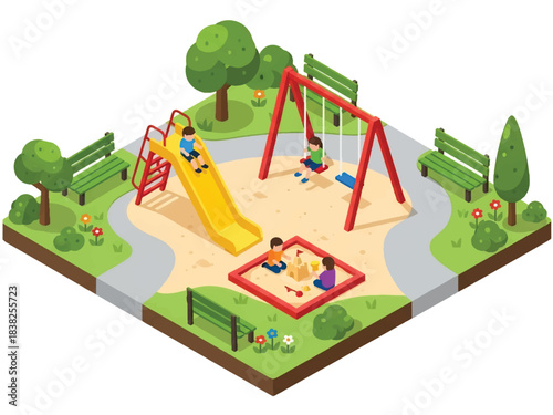Squared 3D Isometric View Vector of children playing at a playground with slide, swing, sandbox, and trees under sunny sky. Ideal for kids activity content, education, and playful illustration