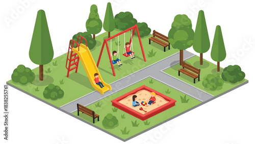 Squared 3D Isometric View Vector of children playing at a playground with slide, swing, sandbox, and trees under sunny sky. Ideal for kids activity content, education, and playful illustration