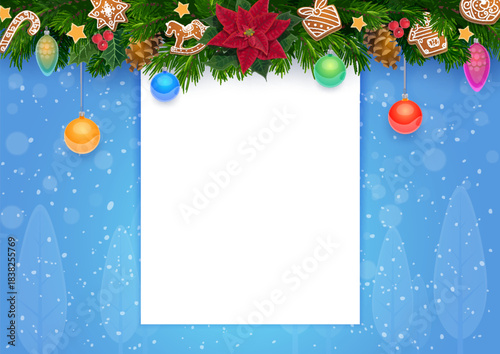 Christmas and winter holidays greeting card template for holiday message. Cartoon vector festive snowy background with pine branch frame, poinsettia and gingerbread surrounding blank white paper sheet