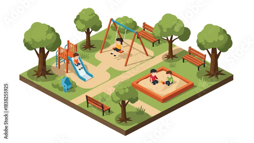 Squared 3D Isometric View Vector of children playing at a playground with slide, swing, sandbox, and trees under sunny sky. Ideal for kids activity content, education, and playful illustration