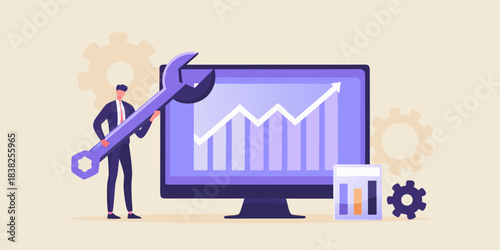 Troubleshooting data analytics a professional fixing a computer with a wrench
