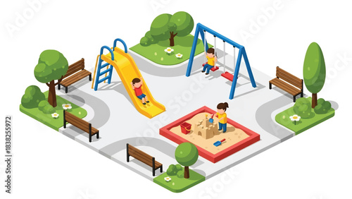 Squared 3D Isometric View Vector of children playing at a playground with slide, swing, sandbox, and trees under sunny sky. Ideal for kids activity content, education, and playful illustration