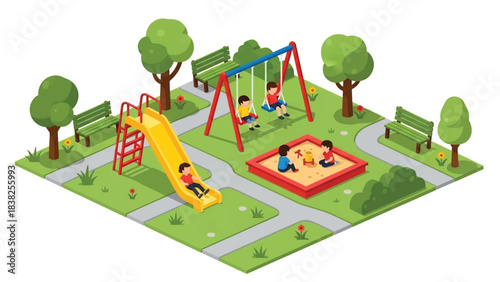 Squared 3D Isometric View Vector of children playing at a playground with slide, swing, sandbox, and trees under sunny sky. Ideal for kids activity content, education, and playful illustration