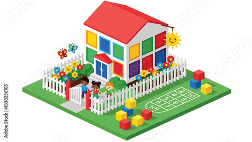 Squared 3D Isometric View Vector of a colorful kindergarten building with fenced yard, flowers, and children arriving. Perfect for education, childcare, and early learning visuals