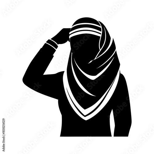 silhouette of a woman in a black dress wearing a scarf salutes while standing against a plain background during daytime
