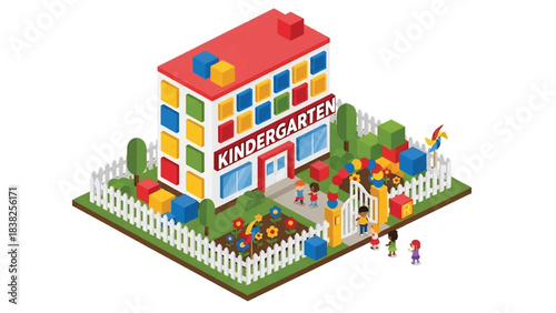 Squared 3D Isometric View Vector of a colorful kindergarten building with fenced yard, flowers, and children arriving. Perfect for education, childcare, and early learning visuals