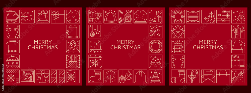 Obraz premium Christmas line ornament invitation or greeting card. Vector banners with snowflake, bell, gift, cookie, garland, cap, house, bauble, wreath, angel, holly, mistletoe and firework on red background
