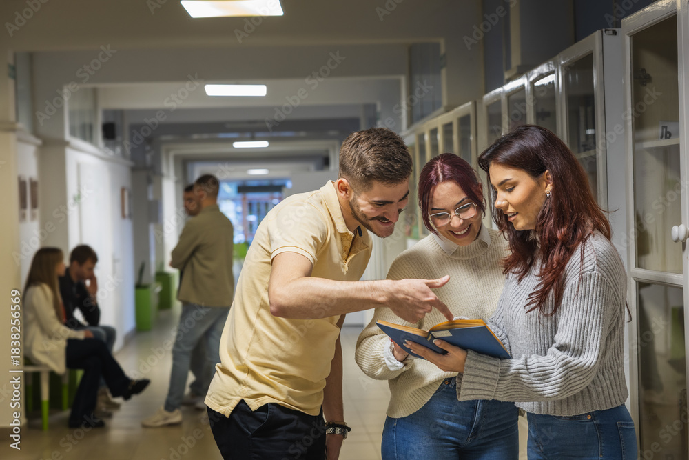 Obraz premium College students chatting during a short break in the hallway