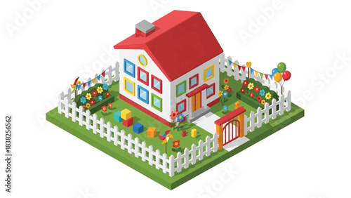 Squared 3D Isometric View Vector of a colorful kindergarten building with fenced yard, flowers, and children arriving. Perfect for education, childcare, and early learning visuals