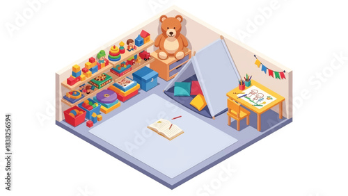Squared 3D Isometric View Vector of a children’s indoor playroom with drawing table, tent, stuffed toys, and shelves. Ideal for preschool branding, learning spaces, and playful editorial design