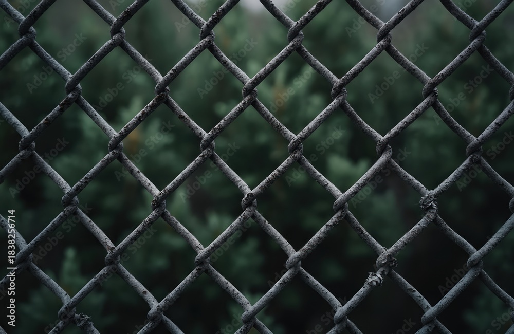 Fototapeta premium Weathered metal chain link fence shows diamond pattern with green foliage blurred in background. Grungy, industrial texture conveys restriction or security.