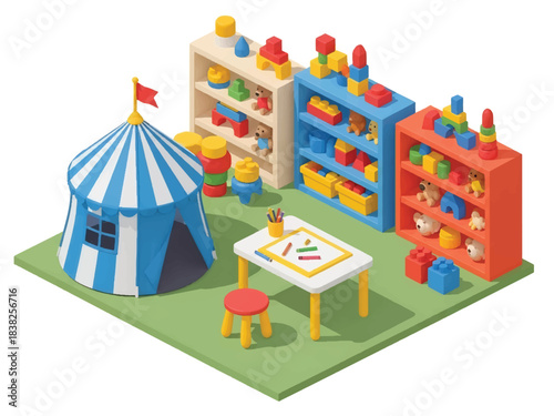 Squared 3D Isometric View Vector of a children’s indoor playroom with drawing table, tent, stuffed toys, and shelves. Ideal for preschool branding, learning spaces, and playful editorial design
