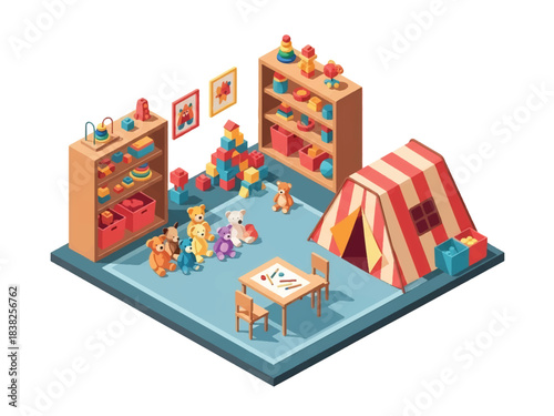 Squared 3D Isometric View Vector of a children’s indoor playroom with drawing table, tent, stuffed toys, and shelves. Ideal for preschool branding, learning spaces, and playful editorial design