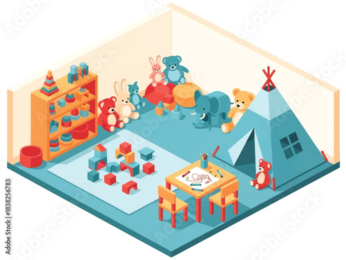 Squared 3D Isometric View Vector of a children’s indoor playroom with drawing table, tent, stuffed toys, and shelves. Ideal for preschool branding, learning spaces, and playful editorial design