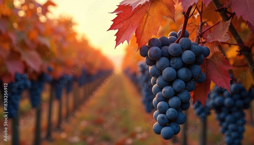 Obraz premium Ripe dark purple grapes hang from vine with red autumn leaves. Vineyard rows stretch into distance under warm sunset light. Seasonal harvest for winemaking and food.