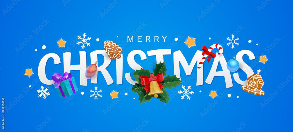 Fototapeta premium Merry Christmas greeting card in elegant blue color with holiday elements. Vector banner with stars, snowflakes, gifts, red bows, gingerbread cookies, candy cane and baubles framing the holiday text