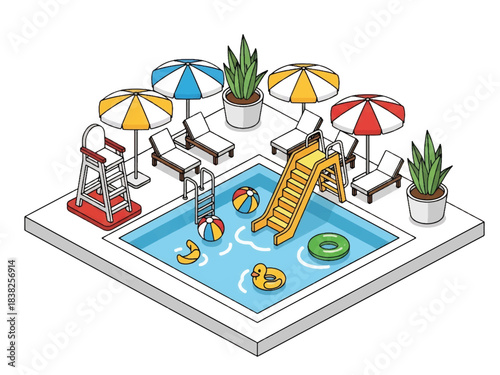Φωτογραφία Squared 3D Isometric View Vector of children playing in a shallow swimming pool with float toys, umbrellas, and sunny landscape