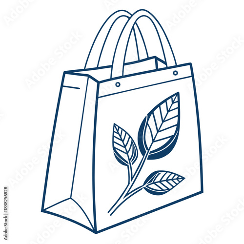 Illustration of a reusable shopping bag with handles and a leaf design in blue outline style vector