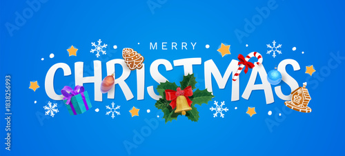 Merry Christmas greeting card in elegant blue color with holiday elements. Vector banner with stars, snowflakes, gifts, red bows, gingerbread cookies, candy cane and baubles framing the holiday text