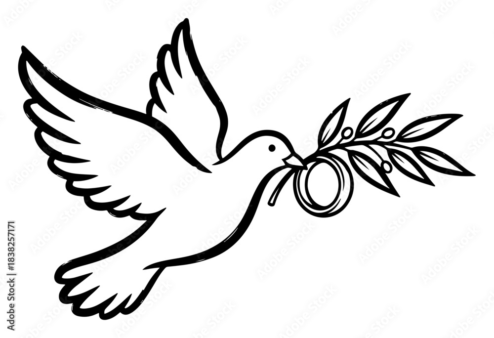 Obraz premium Vector line art illustration of a flying dove holding an olive branch and a wedding ring hand drawn sketch of a bird symbol of peace and love