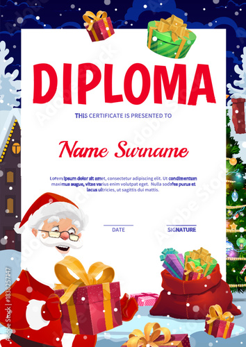 Christmas and winter holidays vertical diploma certificate with cartoon Santa Claus character and gifts under the falling snow at festive Xmas night town. Vector kids greeting certificate template