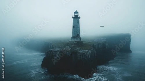 Lighthouse in the middle of the sea on a foggy day.