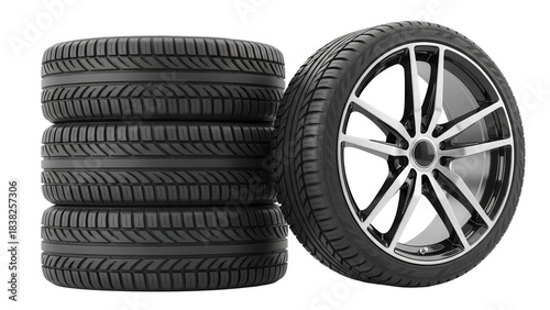 Konstfotografi Stack of four car tires and one tire with rim isolated PNG, automotive equipment