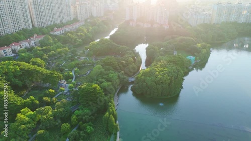 Aerial Park and River View, Foshan Chancheng District at Sunrise