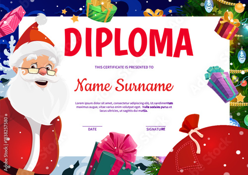 Christmas and winter holidays horizontal diploma certificate. Vector education school or kindergarten kids Xmas frame. Cartoon award diploma template with Santa character, gifts bag and pine tree