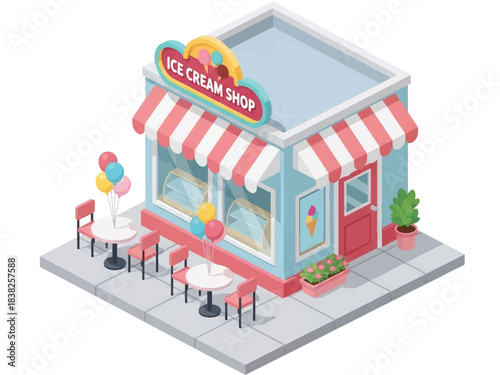 Squared 3D Isometric View Vector of a cute ice cream shop with pastel awning, signboard, balloons, outdoor seating, and children lining up. Ideal for kids branding, sweets, and storefront concepts