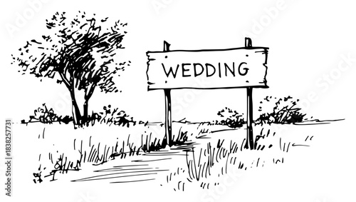 Vector line art illustration of a rustic wooden wedding signpost on a meadow hand drawn sketch of outdoor ceremony location marker with a tree