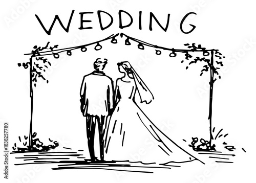 Vector line art illustration of a bride and groom standing under a decorated arch hand drawn sketch of a wedding ceremony with text