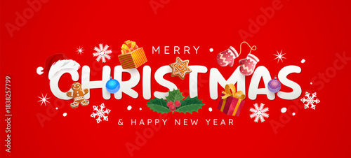 Christmas greeting card for winter holiday with decorations and Santa gifts, vector banner. Merry Christmas and Happy New Year greeting card with holly, knitted mittens and gingerbread man cookie