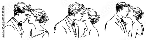 Set of three romantic sketches showing bride and groom kissing and looking at each other in wedding attire vector illustration