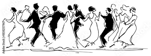 Wedding guests dancing in a group vector illustration hand drawn sketch showing reception party and celebration