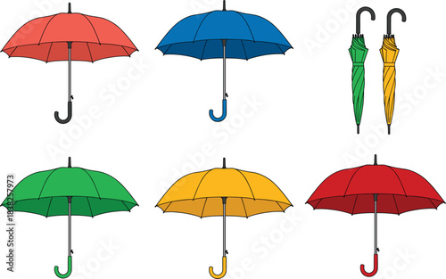 Colorful Set of Open and Closed Vector Umbrellas in Primary Colors, perfect for Rainy Day, Weather, Protection, and Autumn Season Illustrations.